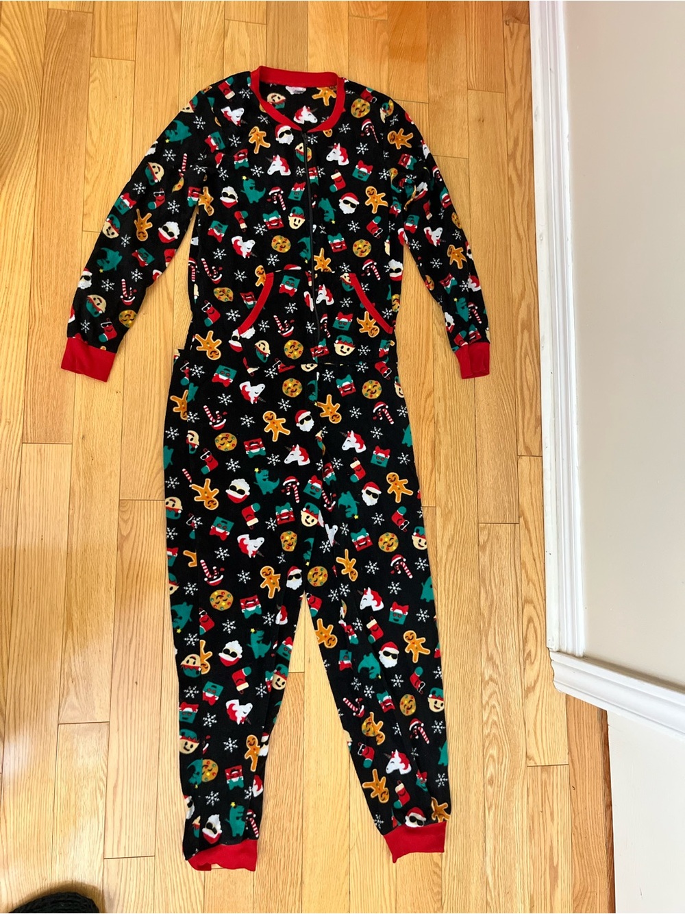 Urban Outfitters Black One-Piece Footed Pajama with Red Trim and Holiday Print